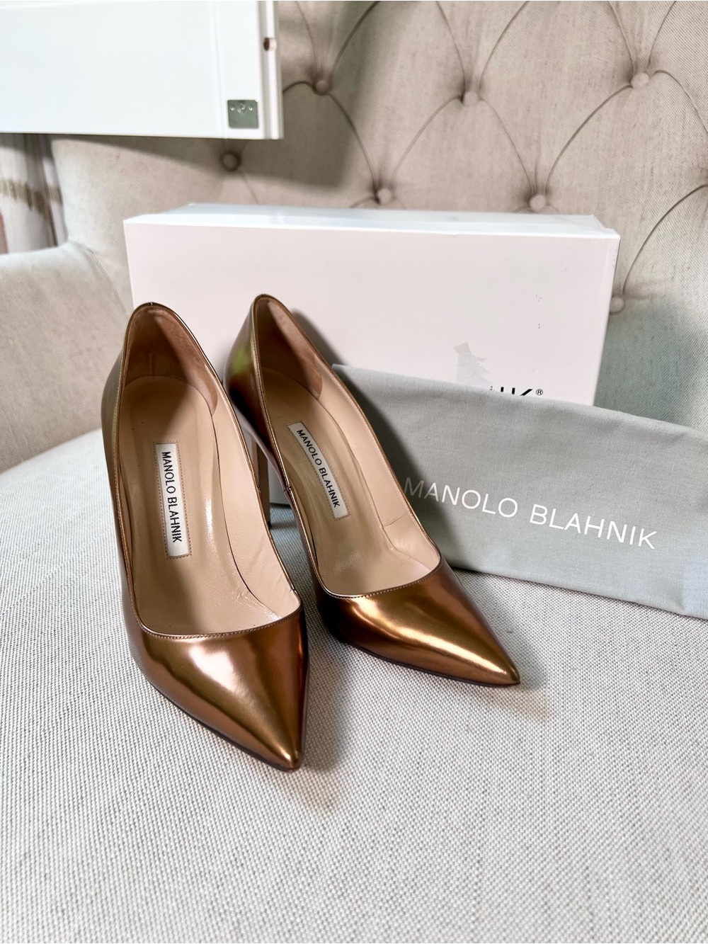Manolo Blahnik Metallic Bronze Pointed-Toe Pumps